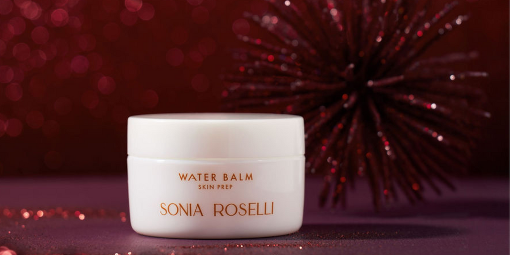 Water Balm hydrating moisturizer skincare for sensitive skin on sparkly red background for holiday